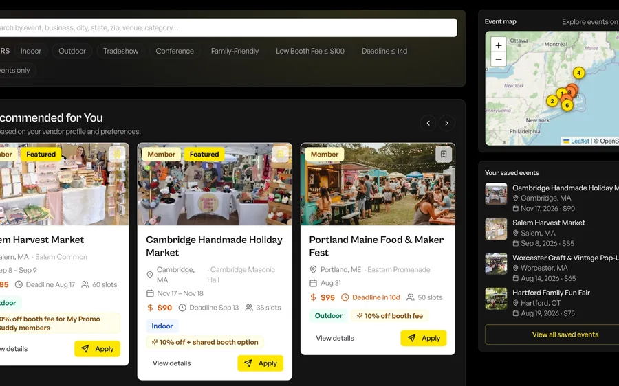 Vendor Buddy discover events page showing search bar, event cards, and map