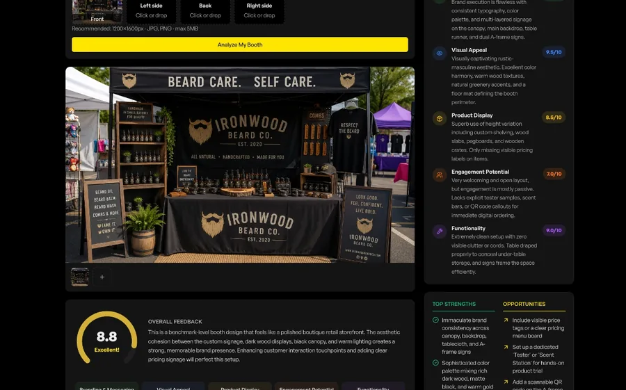 Vendor Buddy Rate My Booth showing booth photo upload, overall score gauge of 8.8, metric pills, AI feedback breakdown, strengths and opportunities