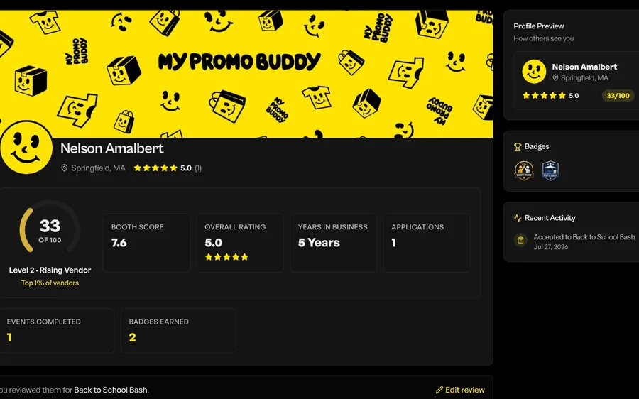 Vendor Buddy review me page showing overall rating, profile stats, and review history